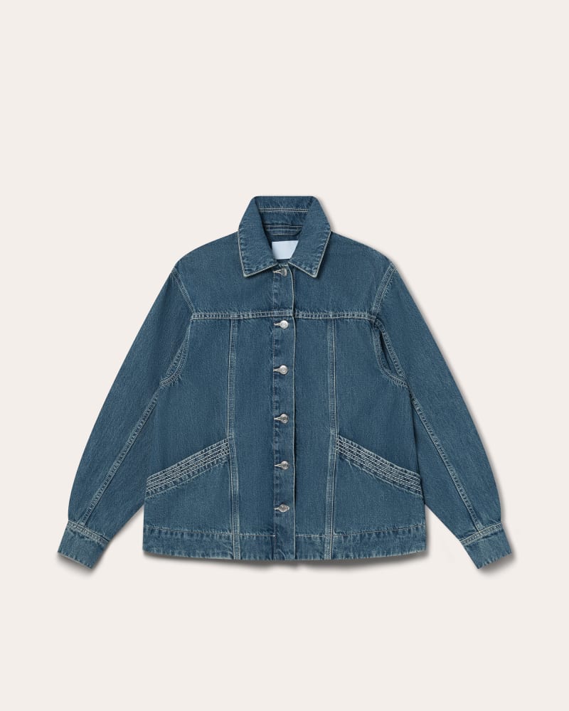 Front of a size XL Reve Jacket in Mid-Blue Wash by Merlette. | dia_product_style_image_id:348133